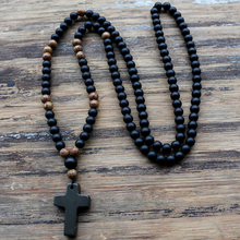 Load image into Gallery viewer, Black Cross Stone Wood Bead Necklace
